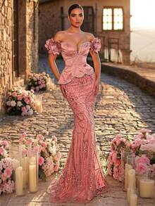 Glamrae Elegant Luxurious Beaded,Sequin & Embroidered One-Shoulder Mermaid Dress With 3D Floral Sleeves,Suitable For Bridal,Mother Of The Bride Formal Gowns - Dusty Pink - View 7