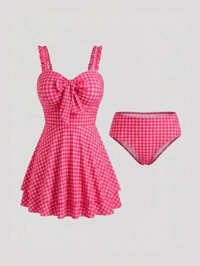 Sweetra CURVE Ensemble bikini grande taille pour femme, imprimé écossais rouge aléatoire, volants, bretelles réglables, taille haute, triangle, double volant, bandeau, nœud, à la mode et minceur, style modeste pour les vacances, look indie