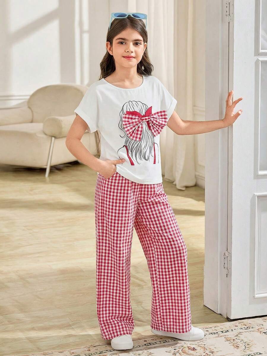 SHEIN Tween Girl Red And White Plaid Summer Cute Family Matching Outfit,Portrait Print Bow Decor Loose T-Shirt And Wide Leg Pants 2 Pieces Set For Vacation - Red - View 1