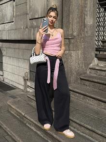 MainGRL Pantalones casuales de pierna ancha y cintura con cordón, para mujer, color negro tejido, primavera - Negro - Ver 4