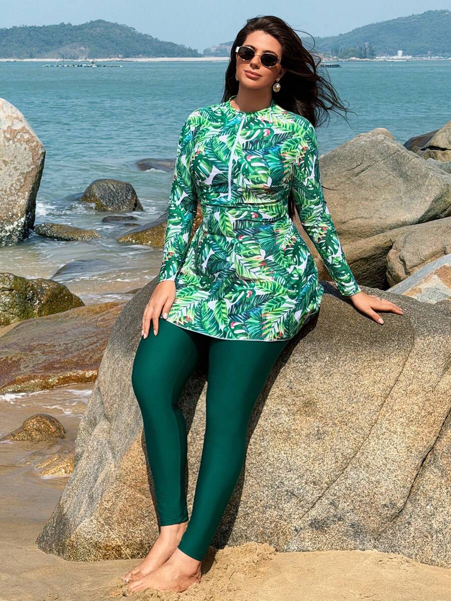 Swim Mulvari Traje de baño de manga larga y pantalón con estampado tropical para mujer, primavera/verano 2026 - Verde - Ver 1