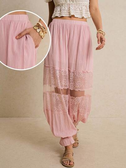 Poéselle Quần ống rộng phối ren kiểu dáng thường ngày dành cho nữ, thích hợp cho mùa hè.