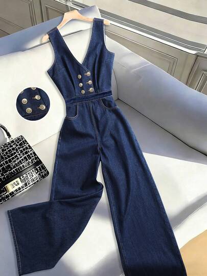 Breezaya Bộ áo liền quần denim ống rộng cài nút dành cho nữ cỡ lớn, thích hợp cho mùa xuân/hè.