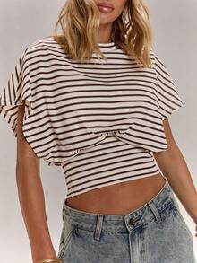 SHEIN BAE Áo thun nữ cổ tròn kẻ sọc, kiểu dáng thường ngày, đa năng. - màu nâu - Xem 6
