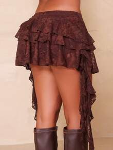 Hariany Almeida Low Waist Vacation Style Casual Sexy White Lace Ruffle Hem Mini Skirt With Safety Shorts To Prevent Upskirt - Brown - View 4