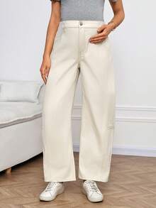 SHEIN 孕妇休闲百搭日常穿搭阔腿牛仔裤 - 卡其色 - 查看 3