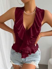 Glamine Women's Elegant Solid Color Ruffle Backless Halter Neck Camisole For Summer - Burgundy - View 4