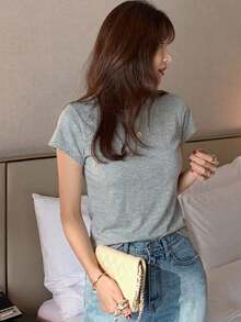 DAZY Women's Round Neck Solid Color Basic White Short Sleeve T-Shirt, Spring/Summer - Light Grey - View 3