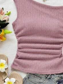 Soleia 女士度假杏色针织泡泡纹理面料不对称肩部系带修身上衣，适合派对、约会、城市街头、公路旅行、夏季海滩度假等场合。 - 粉色 - 查看 7