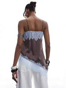 LYSMO Women's Solid Color Lace Patchwork Camisole - Brown - View 2
