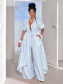Maweii Plus Size Striped Drawstring Cardigan Top And Pants 2 Pieces Set - Multicolor - View 5