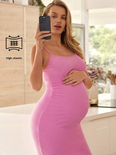 SHEIN Maternity Solid Color Fitted Casual Sleeveless Dress For Summer Pregnant Dress Maternity Dress Pink Bodycon Dress Bodycon Midi Dress Pink Dress For Women