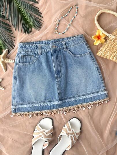 Soleia Women's Casual Pendant Decor Denim Skirt Summer Outfits For Women Spring Outfit Women Festival Outfits For Women Easter Skirt Women Party Skirt Beach Outfits For Women  Casual Skirt For Women Vacation Outfits Women Summer Holiday Outfits Country Concert Outfit Sequin  Skirt