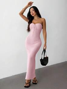 SHEIN PETITE 钩针编织夏季浪漫度假紧身手工钩针抹胸连衣裙，适合约会、度假，秋冬季休闲优雅日常穿着。 - 粉色 - 查看 4