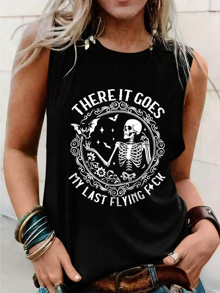 EMERY ROSE 大码女式夏季休闲骷髅印花背心式上衣，搭配标语图案T恤。适合女性穿着。 - 黑色 - 查看 1