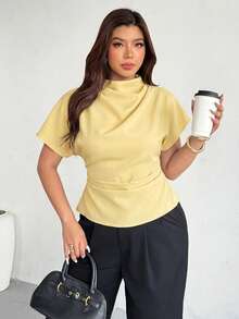 Firerie Plus Size Light Yellow Summer Smart Casual Office Women Shirt,Elegant Ruched Collar Asymmetrical Sleeve Side Ruched Waist Bamboo Fiber Fabric - Yellow - View 5