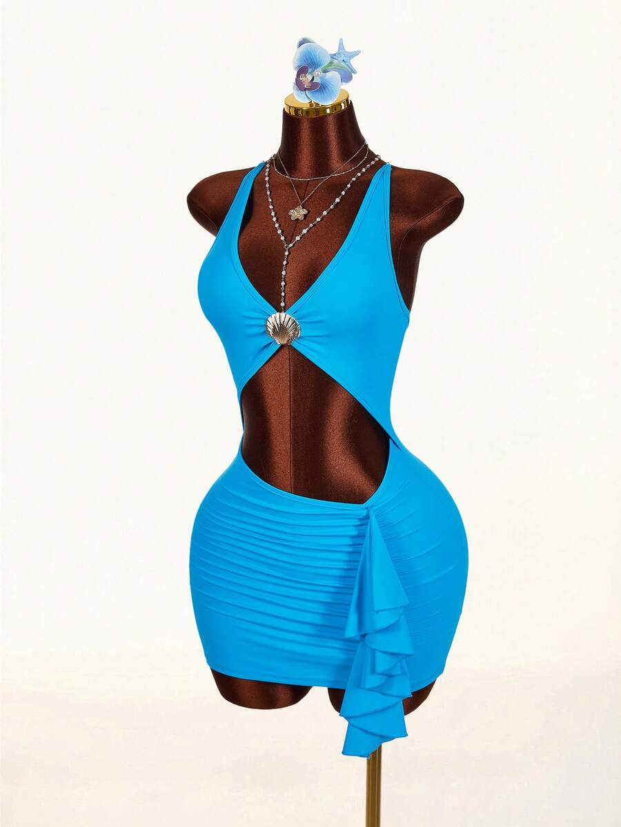 Amplova Vestido mini con espalda descubierta y cordones de encaje sexy para mujer, ideal para vacaciones - Azul - Ver 1