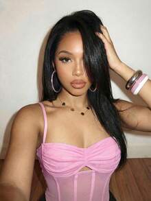 Slaydiva 新款春夏音乐节情人节复活节婚礼夏季海滩度假休闲优雅通勤日常穿搭工作装度假派对邮轮派对基础款流行款日常约会Y2K性感无肩带心形领前开襟露背贴花条纹仿鱼骨装饰短款粉色上衣粉色衬衫网纱面料女式衬衫 - Z - 淺粉色 - 查看 4