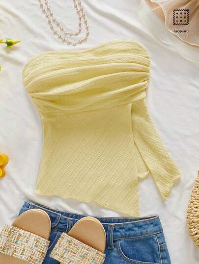 Firerie 女士优雅浪漫时尚通勤性感优雅风格黄色褶皱抹胸，适合派对、海滩度假、返校、浪漫约会、婚礼季、生日、复活节、春夏装