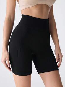 Loungeista Shorts de cintura ancha tejido de canalé - Negro - Ver 5