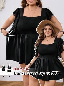 SHEIN CURVE+ 大码女式荷叶边花瓣袖罩衫 - 黑色 - 查看 1