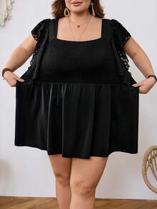 SHEIN CURVE+ 大码女式荷叶边花瓣袖罩衫 - 黑色 - 查看 6