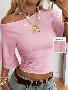 SHEIN EZwear Áo thun nữ màu hồng nhạt dệt kim có họa tiết, cổ lệch, ôm sát. - Màu Hồng baby - Xem 8