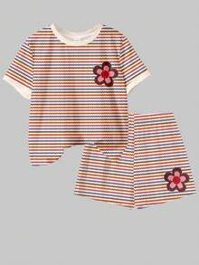 两件套多巴胺彩色条纹复古花卉刺绣印花休闲圆领短袖T恤和短裤套装，舒适贴身，适合年轻女孩，春夏日常穿着、外出、度假、复活节等场合。 - 彩色 - 查看 3