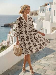 Faunlyn Đầm ngắn nữ mùa hè đi biển, phong cách tối giản, thanh lịch, cổ điển, họa tiết hoa, màu kaki, cổ chữ V, tay lửng, thích hợp cho kỳ nghỉ. - Nhiều màu - Xem 5
