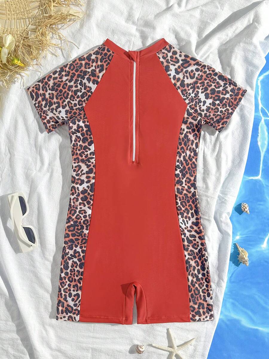 SHEIN 女童豹纹撞色拉链后背插肩袖连体泳衣,适合冲浪、运动、夏季、海滩、泳池、度假 - 彩色 - 查看 1