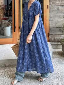 FRIFUL 女士碎花V领休闲短袖连衣裙夏日波西米亚风度假装扮 - 藍色 - 查看 2