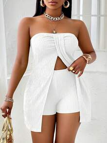 SOLERSUN Women's Plus Size Solid White Twisted Front Split Strapless Top And Shorts Set,Classy Summer Vacation Party Beach Textured Fabric Two Piece Outfits - White - View 3