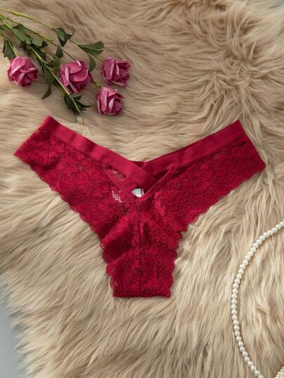 SHEIN 女士性感酒红色蕾丝交叉镂空设计内裤内衣