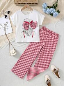 SHEIN Tween Girl Red And White Plaid Summer Cute Family Matching Outfit,Portrait Print Bow Decor Loose T-Shirt And Wide Leg Pants 2 Pieces Set For Vacation - Red - View 8