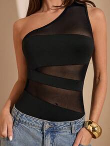 SHEIN BAE Áo liền thân không tay màu đen thanh lịch gợi cảm phối lưới, áo liền thân dệt kim ôm sát họa tiết hình học, áo liền thân xuyên thấu màu đen gợi cảm thanh lịch dành cho nữ mùa xuân/hè. - màu đen - Xem 8