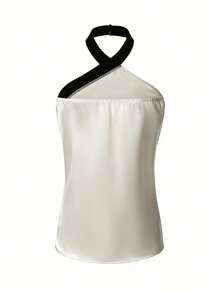 Balvessa Women's Contrast Color Elegant Commuter Halter Neck Tank Top - Black and White - View 2