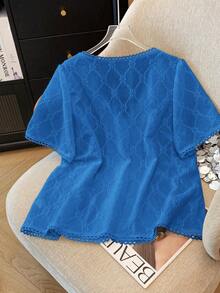 SHEIN LUNE Plus Size Elegant Jacquard Knit Lace Trim Casual Commuter Jacket & Pants Set, Suitable For Party, Afternoon Tea, Spring & Summer - Blue - View 2