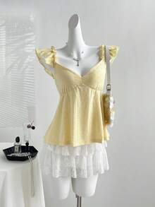 Elamini 优雅甜美的法式露背浪漫蕾丝收腰V领喇叭袖休闲通勤百搭女式衬衫 - 黃色 - 查看 5