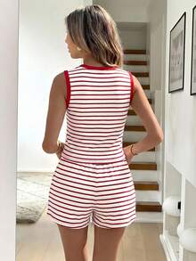 Easowa 2pcs Apricot White Knit Textured Striped Women Top And Shorts Set, Retro Style - Red and White - View 2