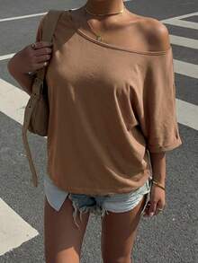 Muchica Deep Brown Knit Loose Fit Short Sleeve T-Shirt For Women,Summer Casual Occasion Camel Oversized Wide Neck Baggy Plain Tops Ytk Clothes Blouses - Chocolate Brown - View 6