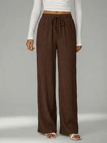 SHEIN Tall Loose Drawstring Waist Trousers In Textured Crinkle Fabric - Chocolate Brown - View 10
