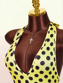 Amplova Áo liền thân nữ màu vàng đen chấm bi, cổ yếm, hở lưng, ôm sát gợi cảm, họa tiết chấm bi retro Y2K, chi tiết hở lưng dễ thương, xếp ly ở mông. - Màu vàng - Xem 4