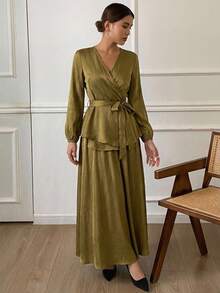 Women's Elegant Solid Color V-Neck Belted Shirt And A-Line Skirt 2 Pieces Set, Spring/Summer,Wedding Guest Dress Women - Green - View 8