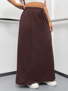 SHEIN EZwear 大码女式抽绳腰纯色休闲百搭半身裙 - 棕色 - 查看 6