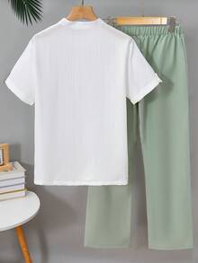 2件套青少年男童休闲街头都市短袖衬衫和裤子套装 - 薄荷綠 - 查看 2