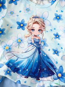 Cartoon Character Print Round Neck Short Sleeve Casual T-Shirt And Shorts Set For Young Girls - Multicolor - View 3