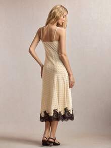 BizChic 夏季新款可调节吊带波点印花蕾丝拼接连衣裙，百搭风格，适合办公室、正式场合、休闲、浪漫、Y2K、90年代复古风、派对、婚礼宾客、伴娘、女主人、日常穿着。 - 杏色 - 查看 4