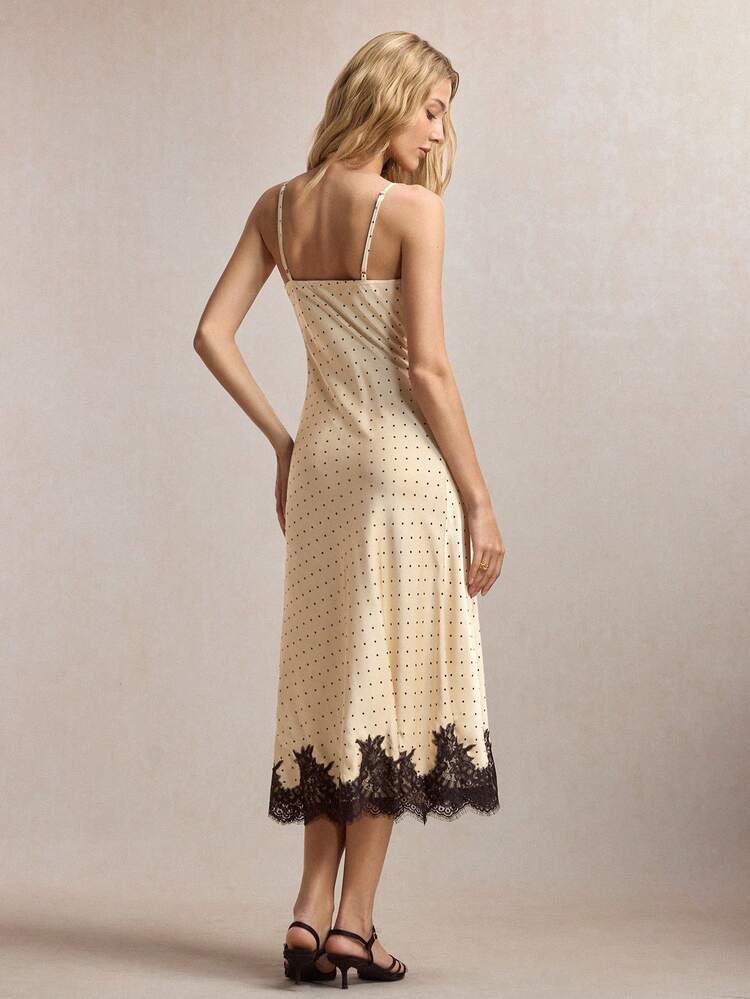 BizChic 夏季新款可调节吊带波点印花蕾丝拼接连衣裙，百搭风格，适合办公室、正式场合、休闲、浪漫、Y2K、90年代复古风、派对、婚礼宾客、伴娘、女主人、日常穿着。 - 杏色 - 查看 4