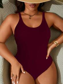 Swim Lushoire Plus Size Basic Round Neck Backless One-Piece Swimsuit - Burgundy - View 7