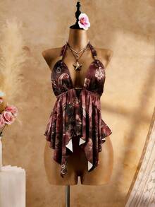 SaltGleam SaltGleam Women's Fashion Metal Buckle Asymmetric Hem Bodycon Printed Sleeveless Top, Burgundy, Summer, Boho, Beach Vacation, Holiday Music Festival Party Daily Wear - Multicolor - View 4
